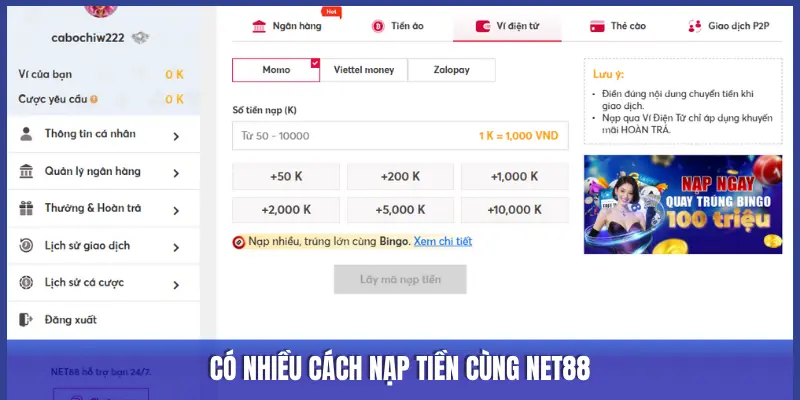 CÓ NHIỀU CÁCH NẠP TIỀN CÙNG NET88